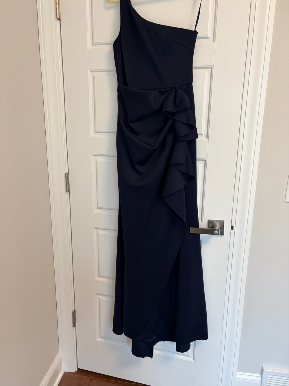 Xscape One-Shoulder Navy Ruffle Gown - Picture 6 of 12